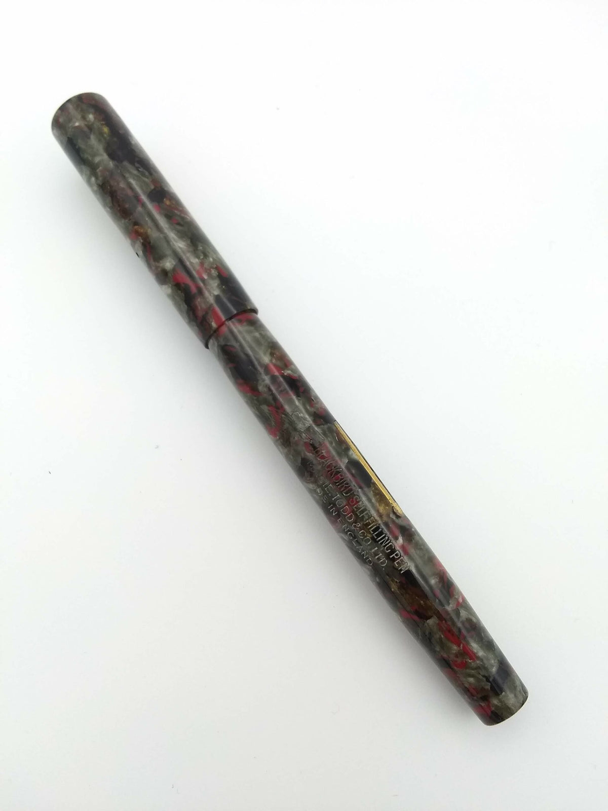 Mabie Todd Swan Black Bird Mottled Grey & Red - 14k Semi Flex Fine Nib - Pre-Owned